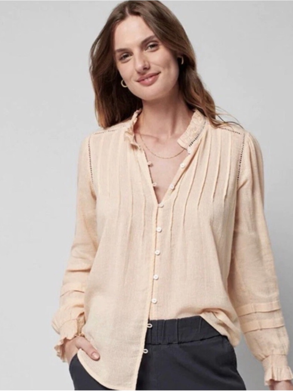 Faherty Blush Peach Button-Front Ruffle Blouse